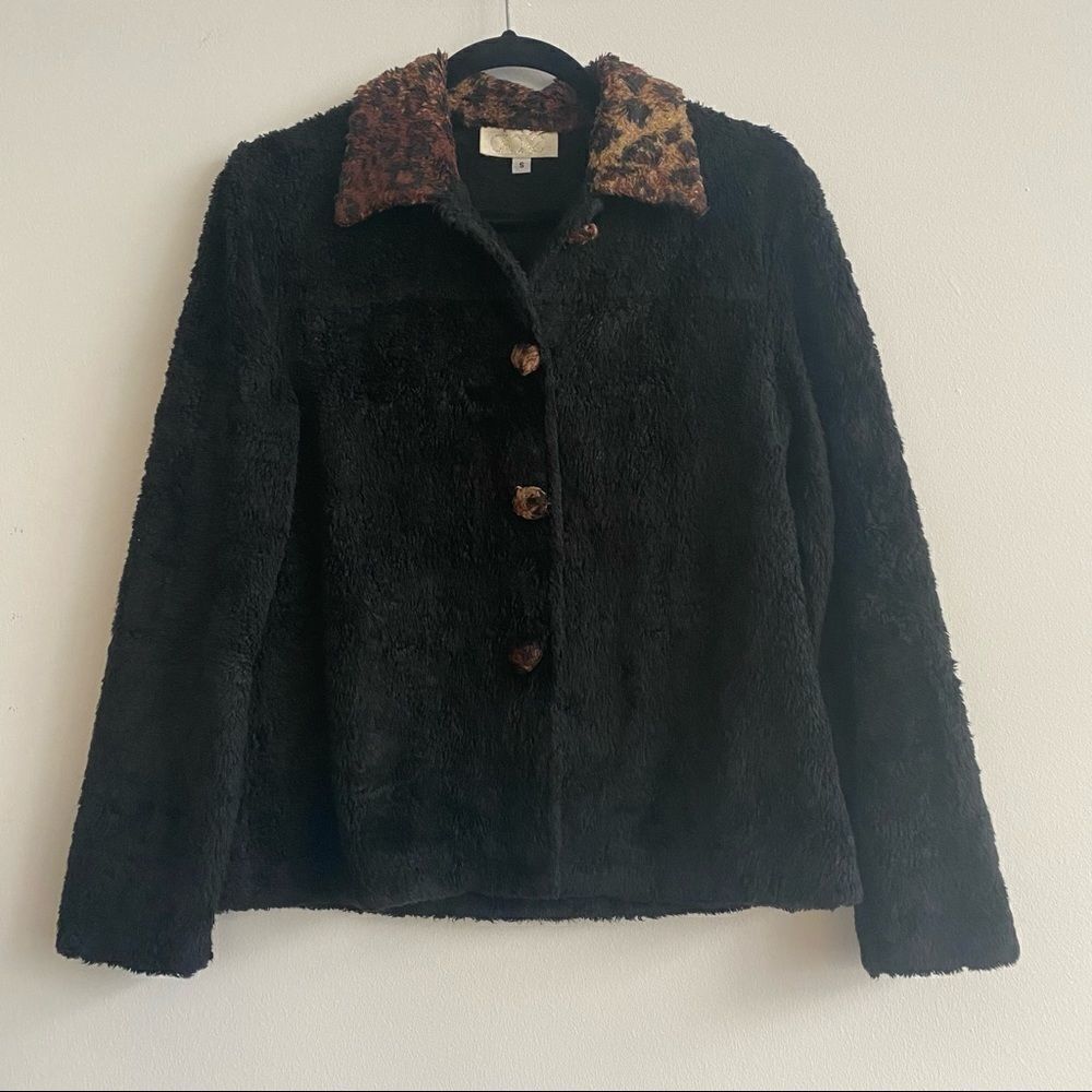 Cache Black Furry Leopard Collard Button Up  Shirt Jacket